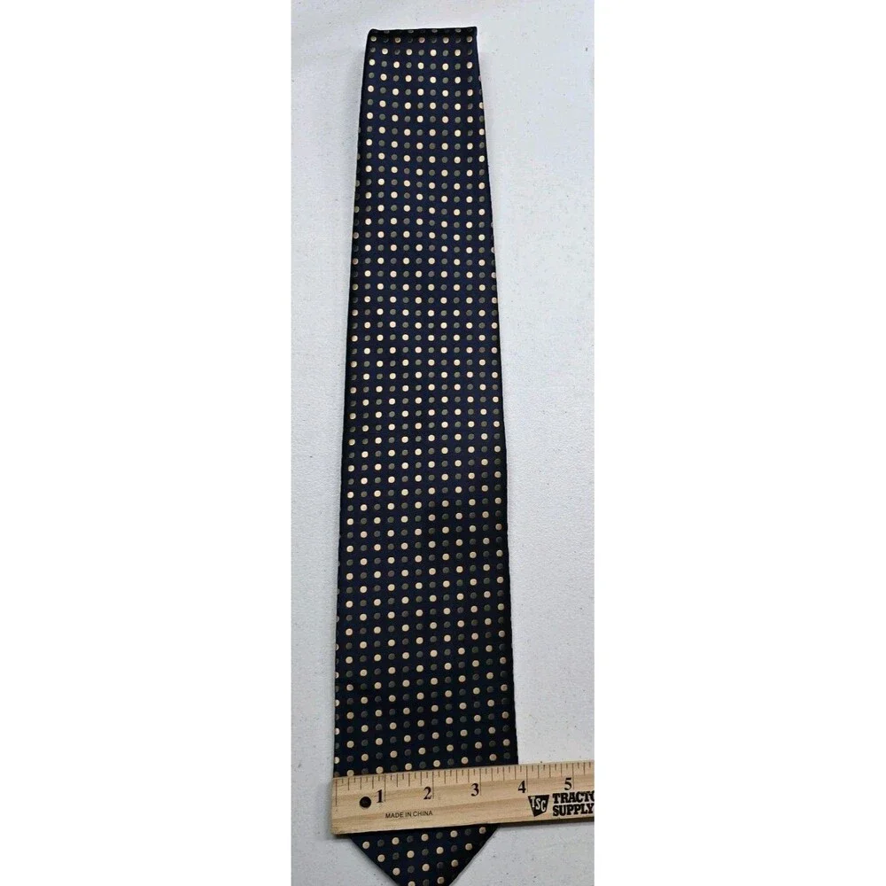 Jos A Bank Mens Neck Tie Navy Blue Gold Olive Green Polka Dot Pattern Silk USA